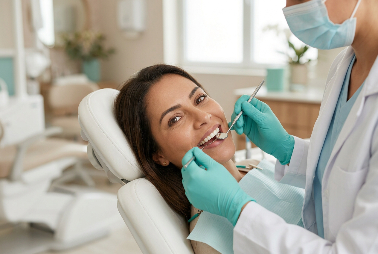 Dentista examina com cuidado o sorriso de uma paciente em uma clínica clara e acolhedora