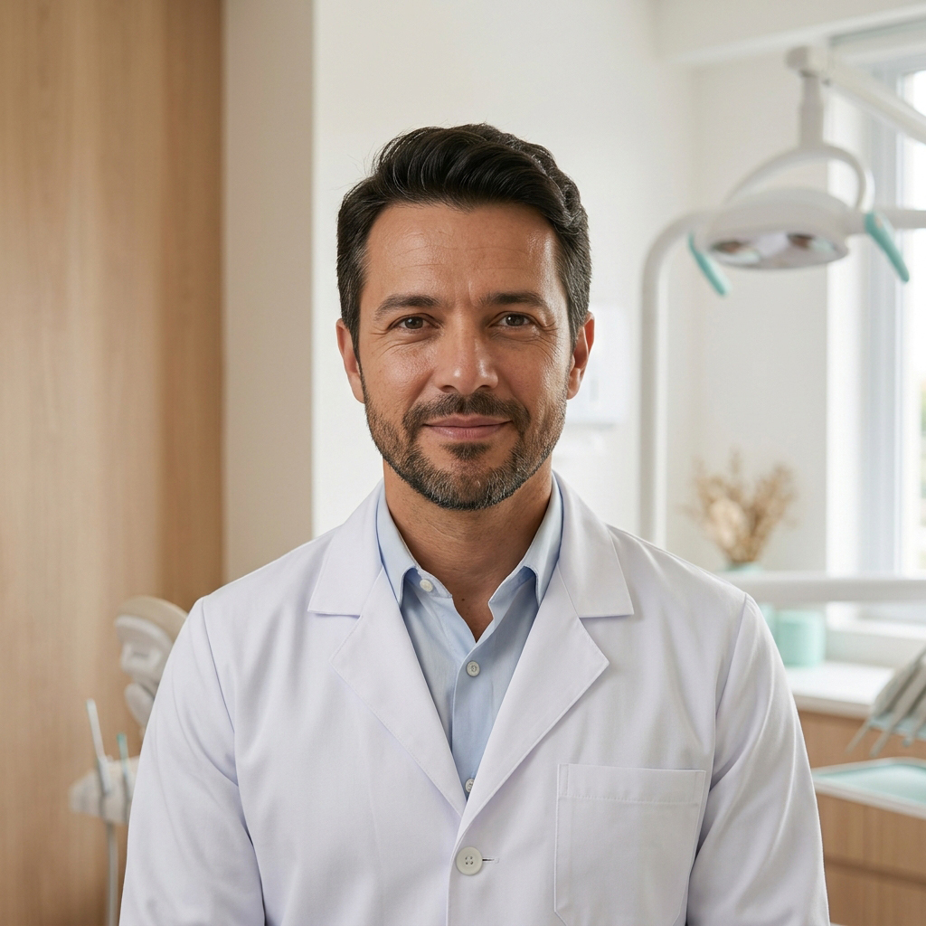 Retrato ilustrativo gerado por IA para personagem demonstrativa de dentista